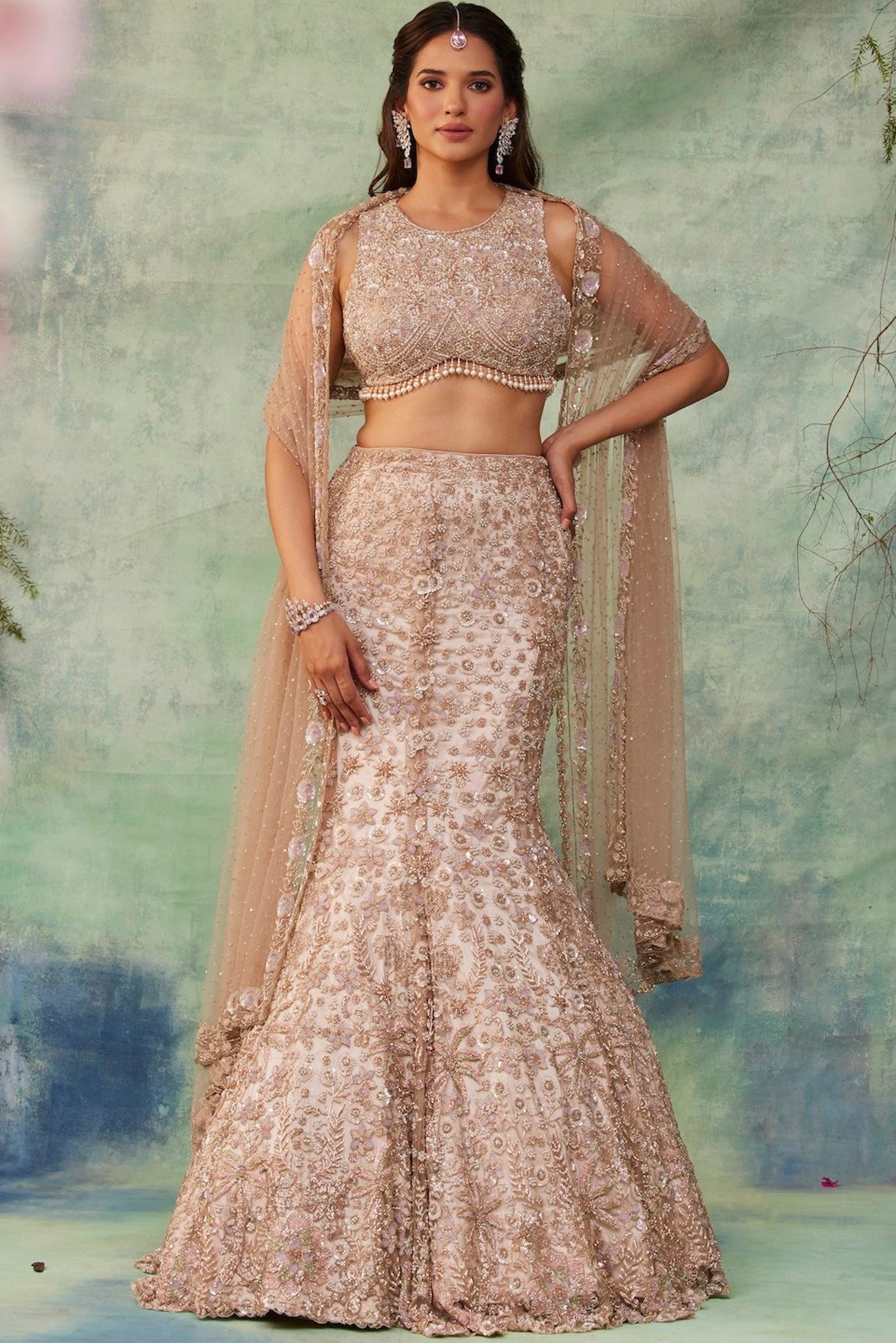 Ivory Embroidered Tulle Fish Cut Lehenga (3-Piece) - Image 5