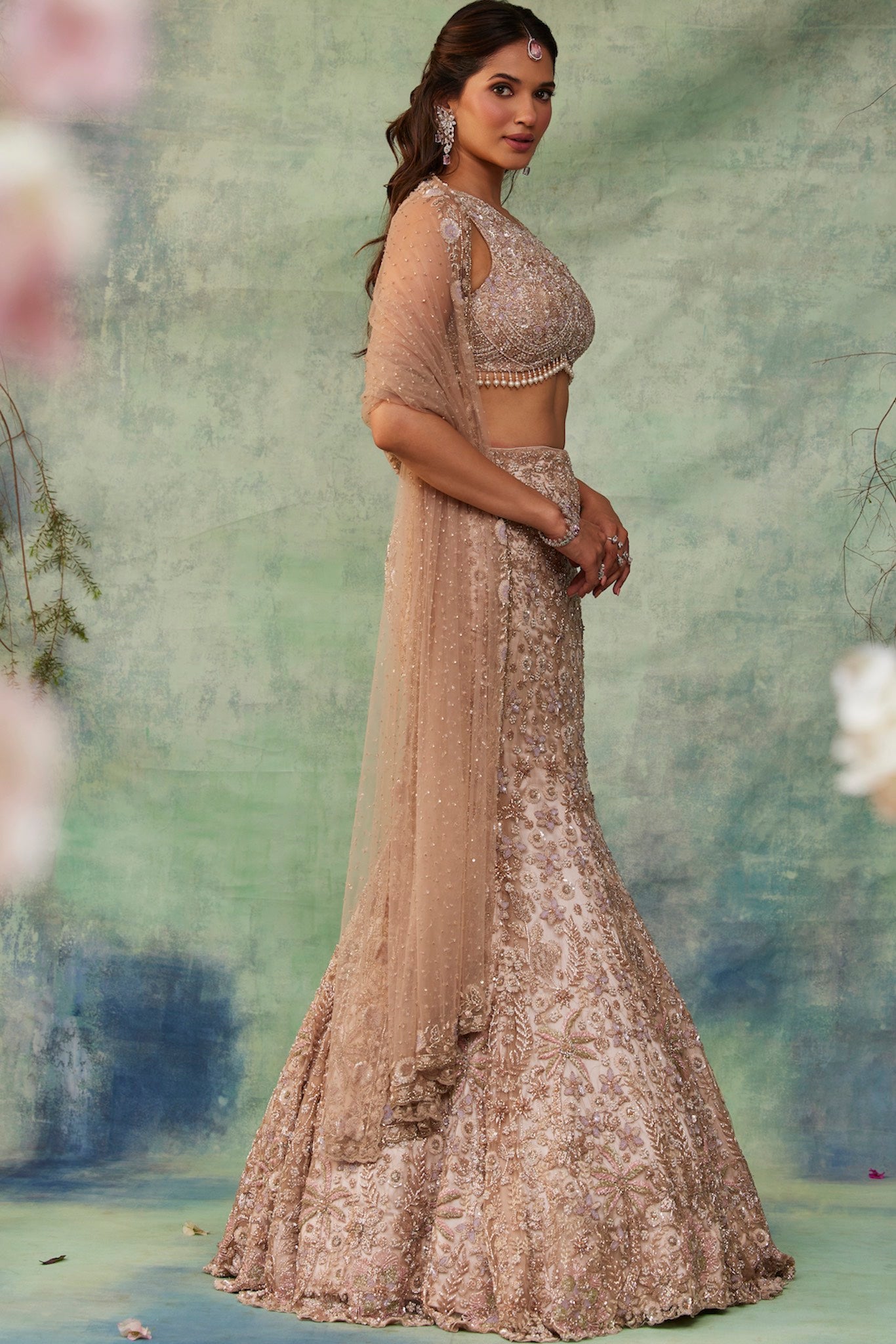 Ivory Embroidered Tulle Fish Cut Lehenga (3-Piece) - Image 6