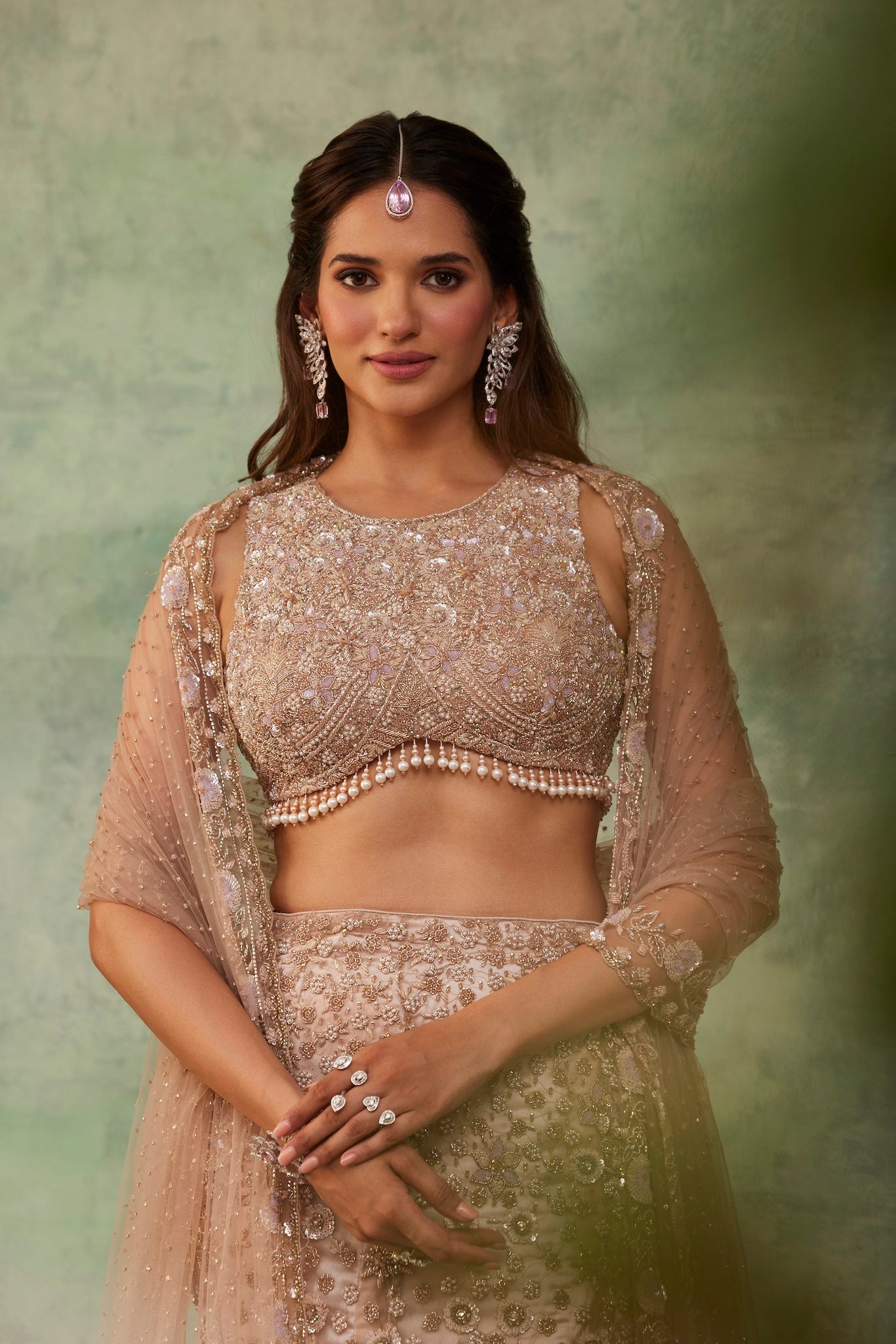 Ivory Embroidered Tulle Fish Cut Lehenga (3-Piece) - Image 7