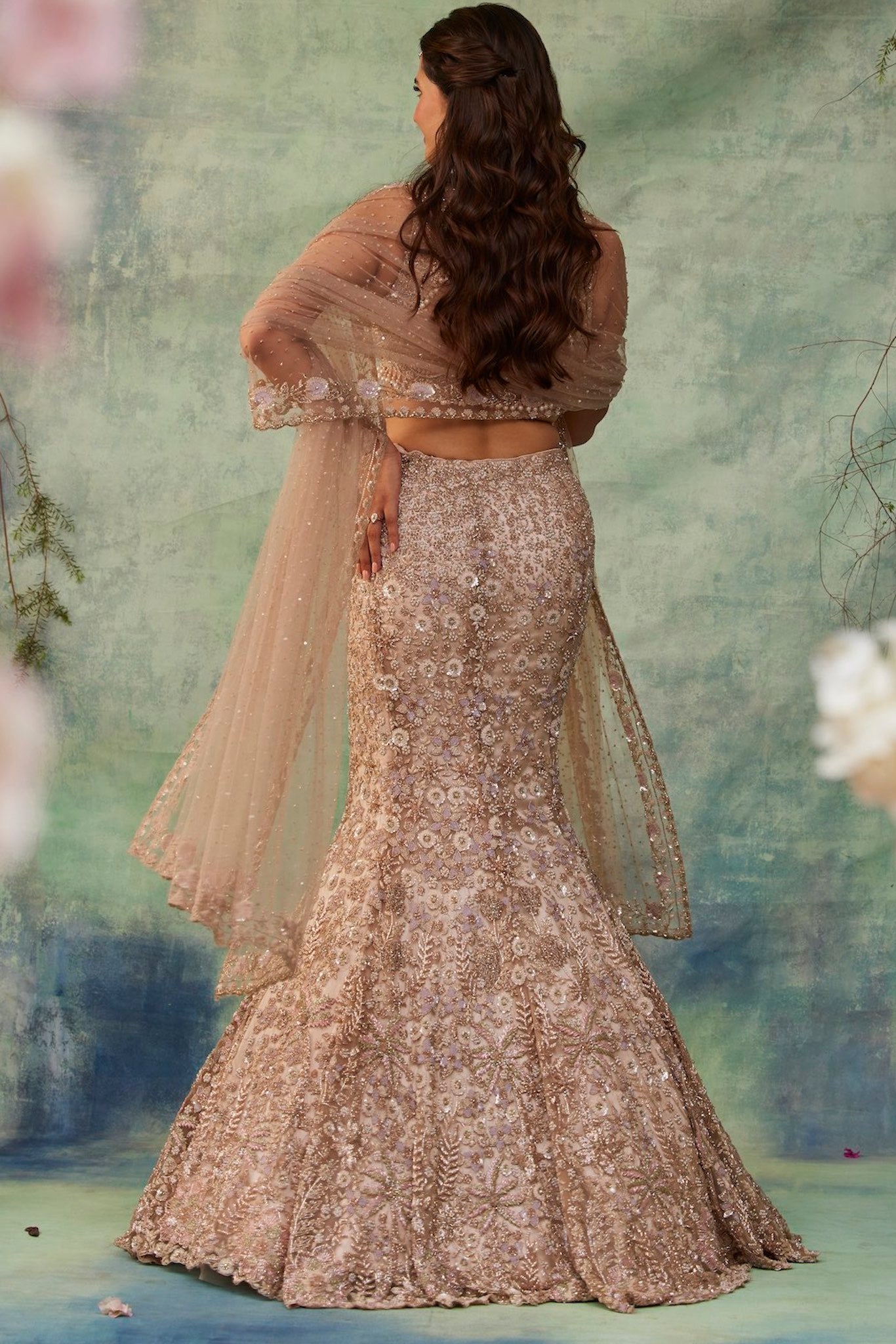 Ivory Embroidered Tulle Fish Cut Lehenga (3-Piece) - Image 8