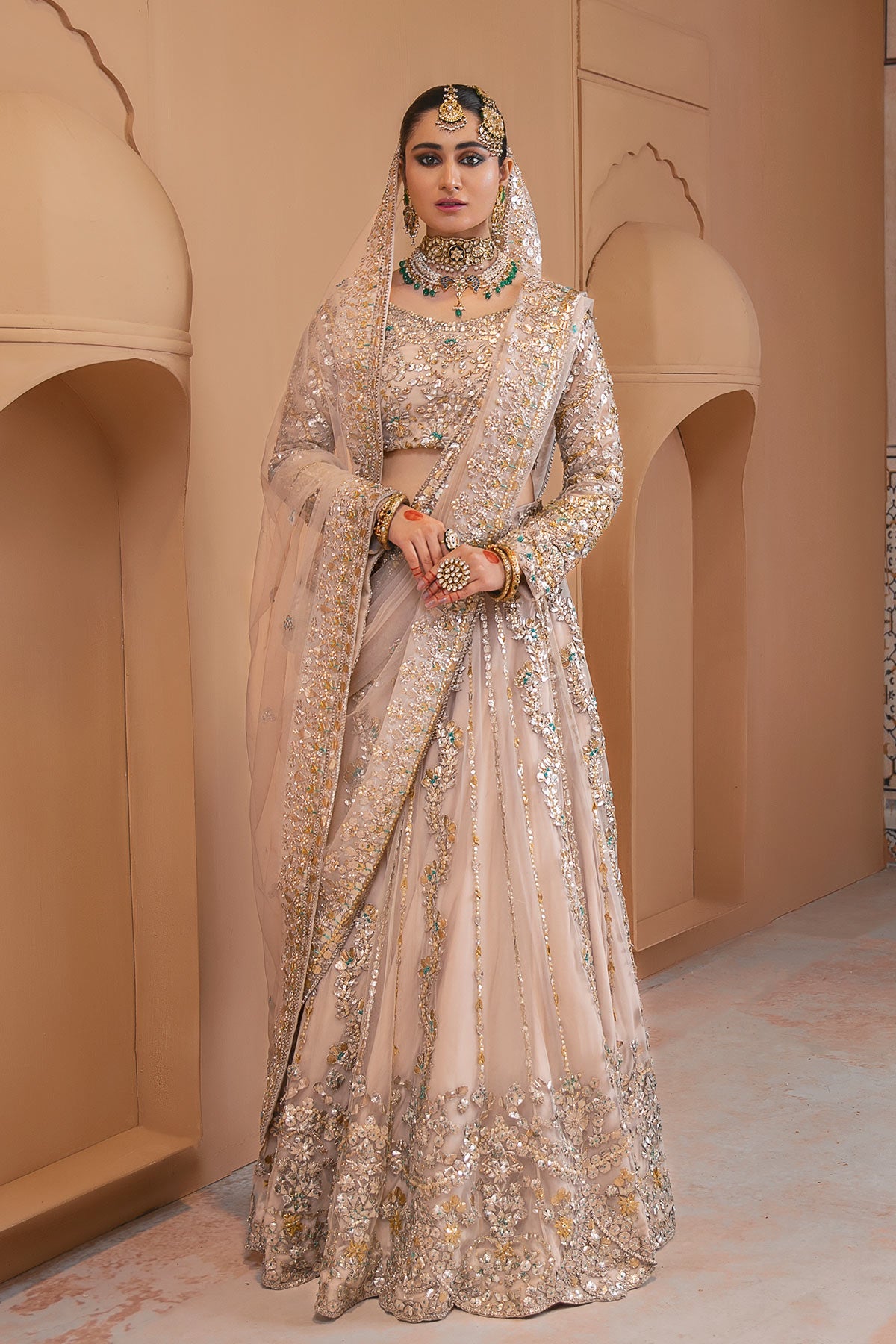 Ivory Ganga-Jamni Embroidered Tulle Bridal Lehenga (3-Piece) - Image 1