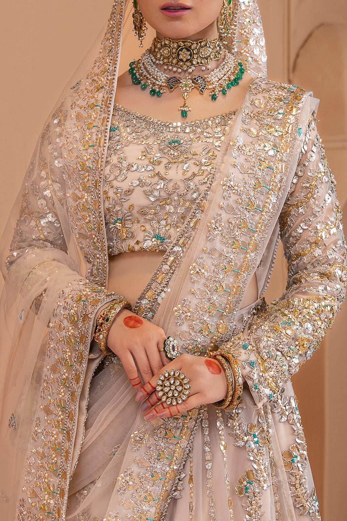 Ivory Ganga-Jamni Embroidered Tulle Bridal Lehenga (3-Piece) - Image 4