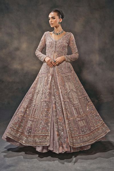 Indian Crepe Pastel Embroidered Tulle Gown with Organza Lehenga (3-Piece) - Image 1