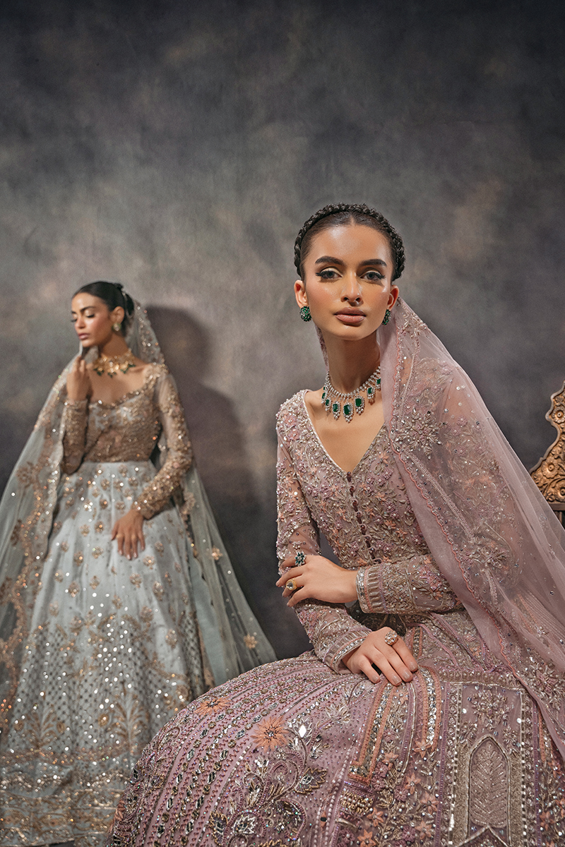 Indian Crepe Pastel Embroidered Tulle Gown with Organza Lehenga (3-Piece) - Image 12