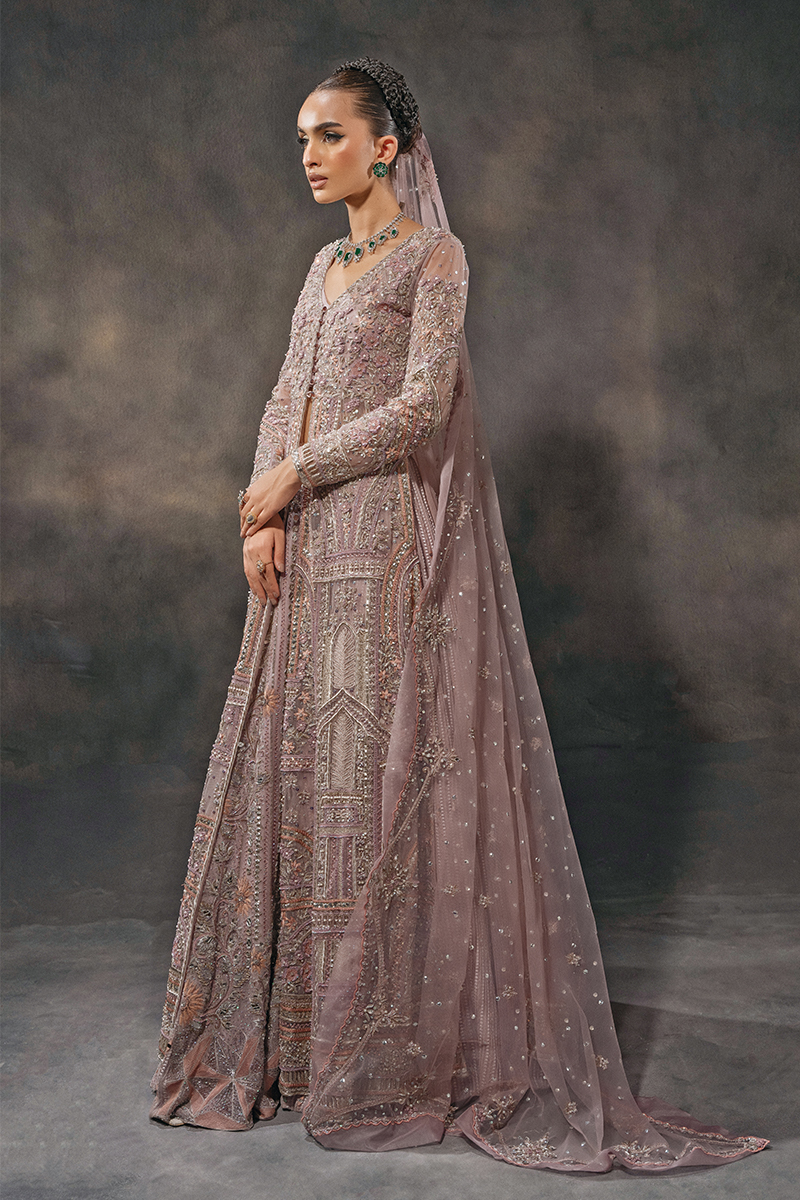 Indian Crepe Pastel Embroidered Tulle Gown with Organza Lehenga (3-Piece) - Image 3