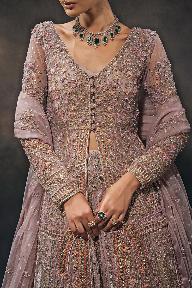 Indian Crepe Pastel Embroidered Tulle Gown with Organza Lehenga (3-Piece) - Image 4