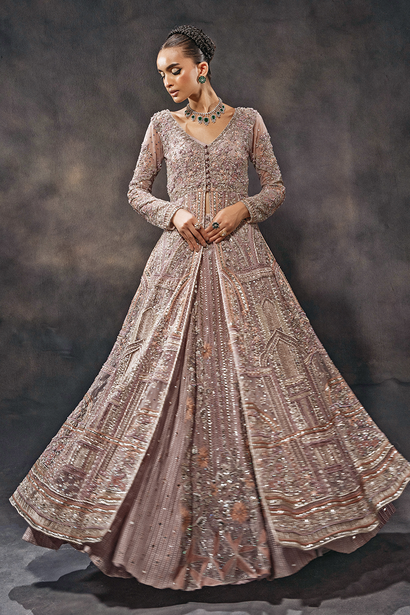 Indian Crepe Pastel Embroidered Tulle Gown with Organza Lehenga (3-Piece) - Image 5