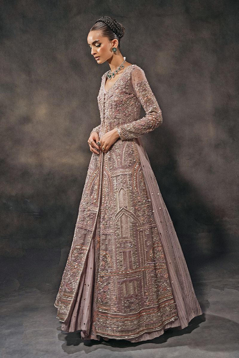 Indian Crepe Pastel Embroidered Tulle Gown with Organza Lehenga (3-Piece) - Image 6
