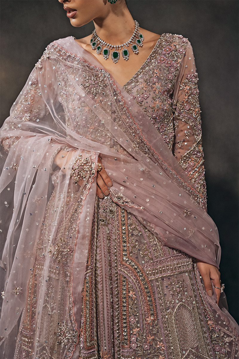 Indian Crepe Pastel Embroidered Tulle Gown with Organza Lehenga (3-Piece) - Image 7