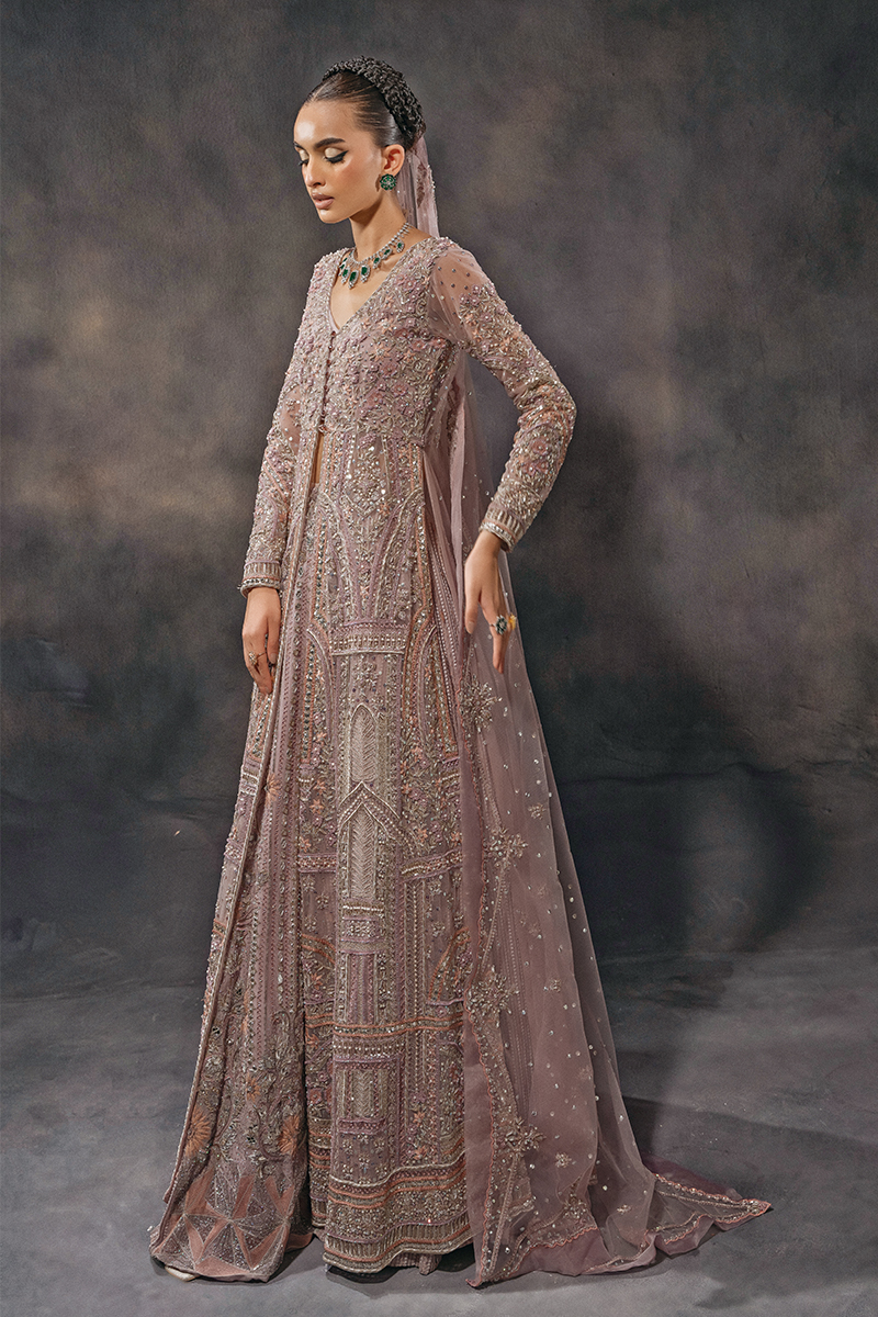 Indian Crepe Pastel Embroidered Tulle Gown with Organza Lehenga (3-Piece) - Image 8