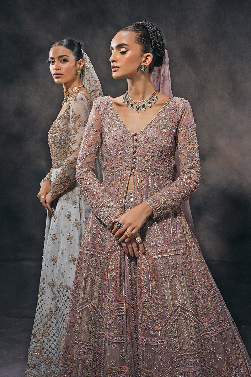 Indian Crepe Pastel Embroidered Tulle Gown with Organza Lehenga (3-Piece) - Image 9