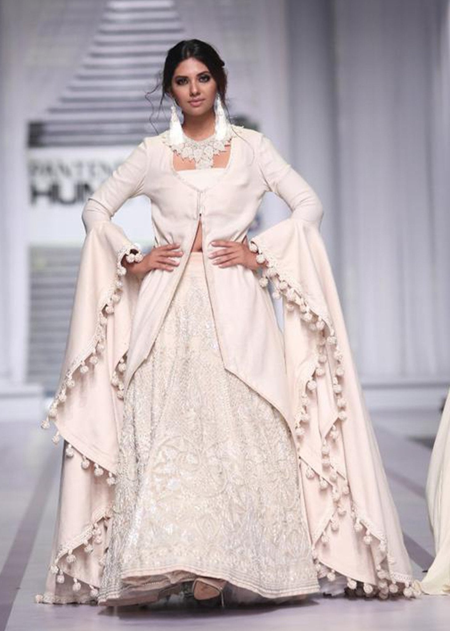 Pakistani Off-White Pearl Beaded Twill Cotton Gown & Lehenga (2-Piece) - Image 1