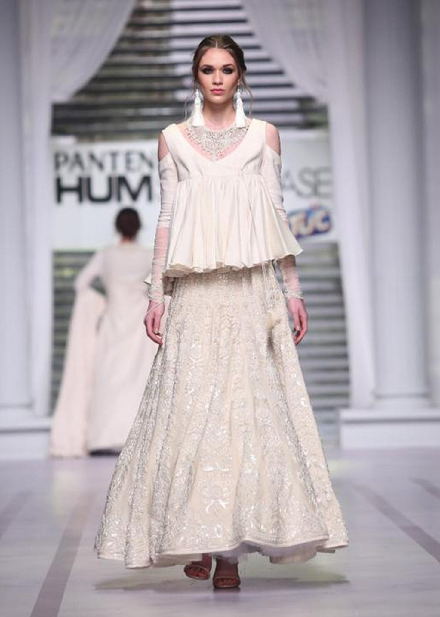 Off-White Pearl Embroidered Twill Cotton Lehenga (2-Piece) - Image 1