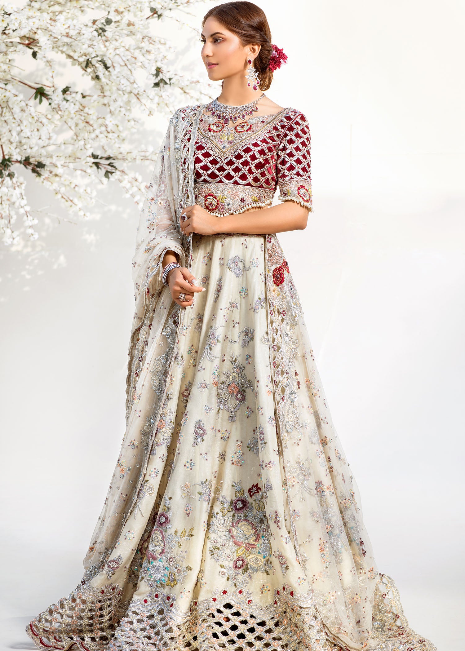 Pakistani Ivory & Maroon Embroidered Velvet Bridal Lehenga (3-Piece) - Image 1