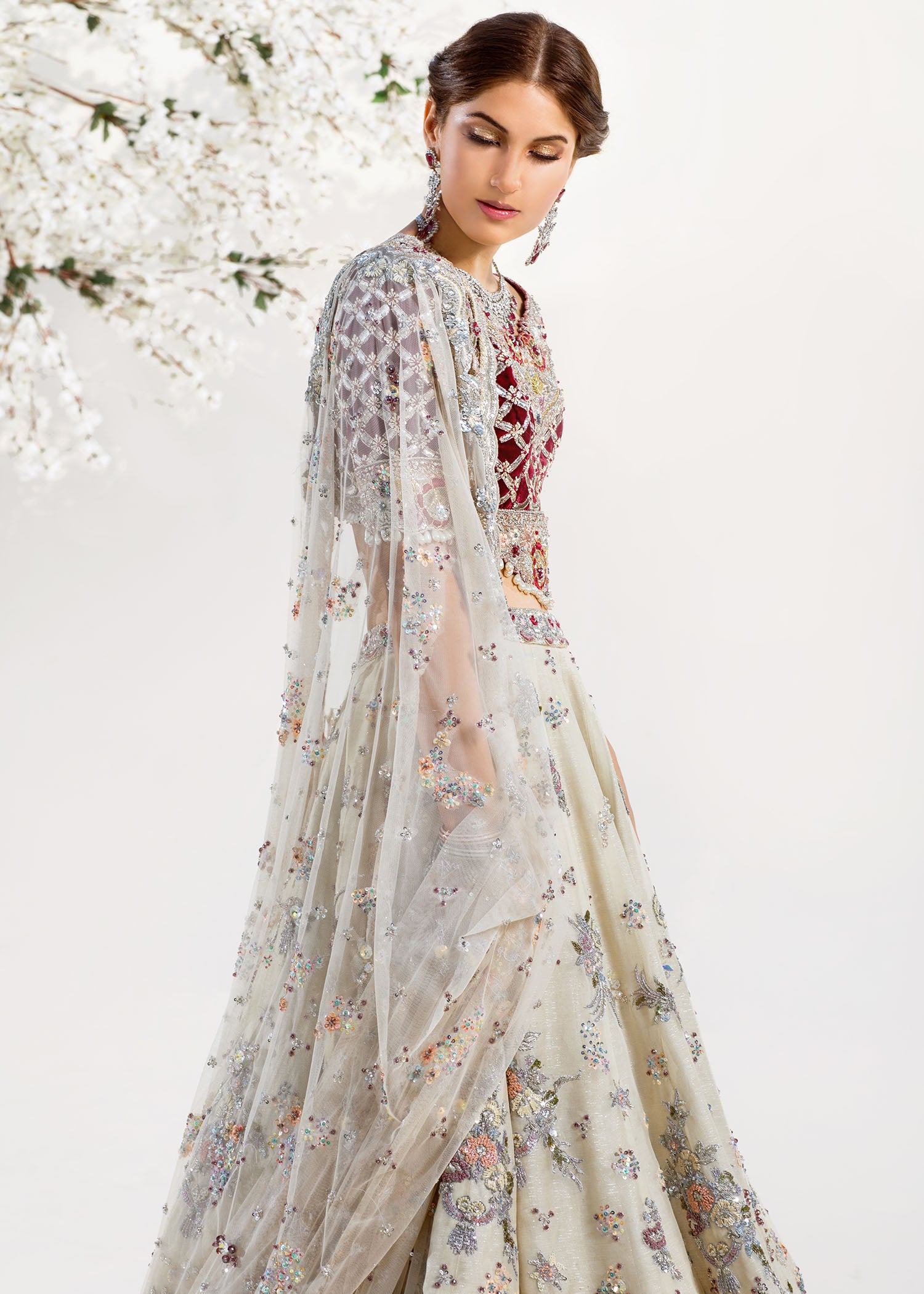 Pakistani Ivory & Maroon Embroidered Velvet Bridal Lehenga (3-Piece) - Image 4