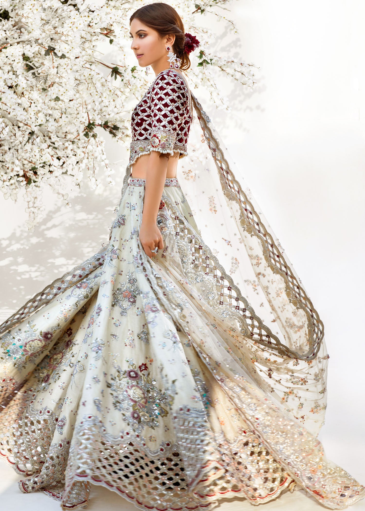 Pakistani Ivory & Maroon Embroidered Velvet Bridal Lehenga (3-Piece) - Image 5