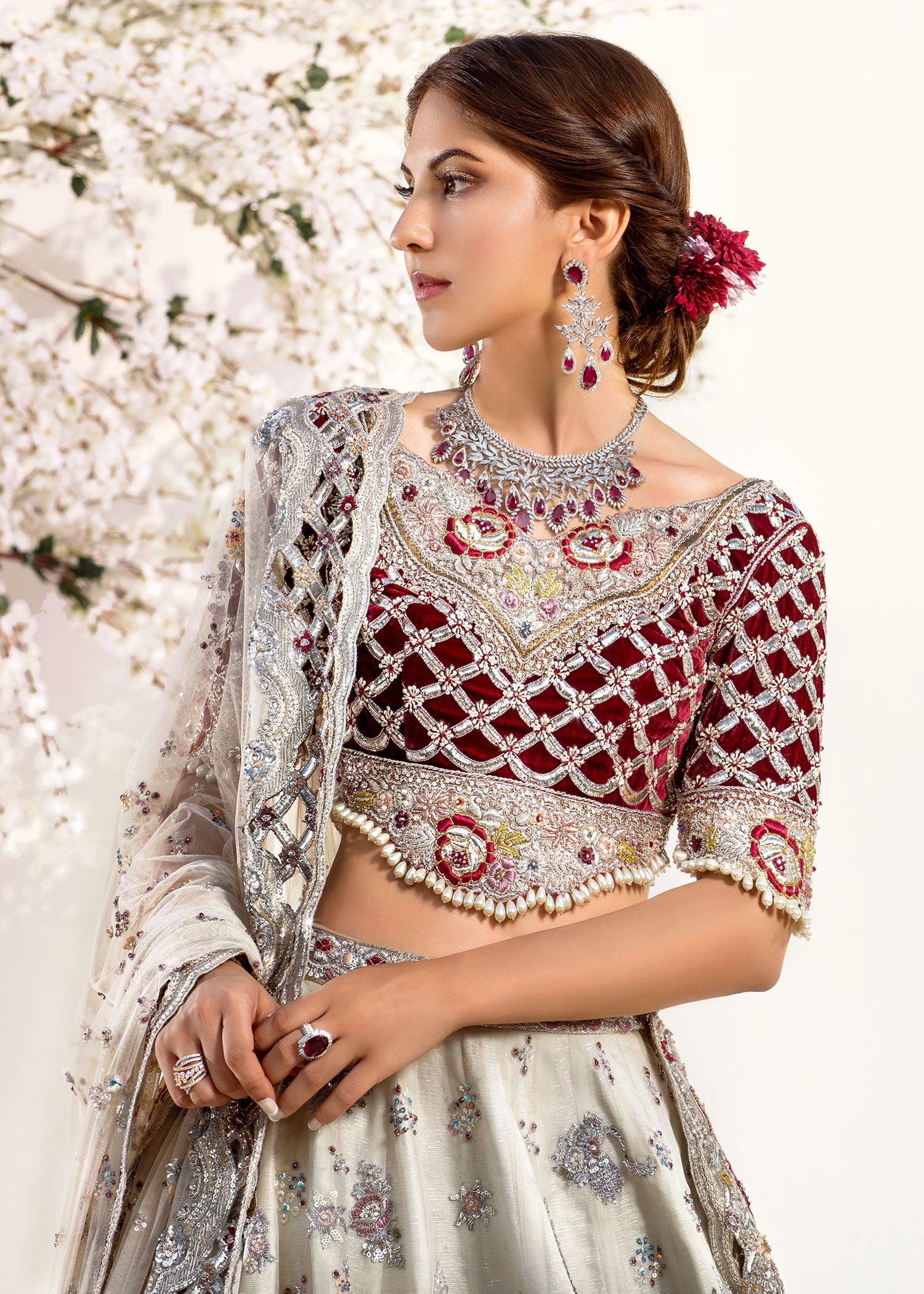Ivory & Maroon Embellished Velvet-Silk Lehenga Choli (3-Piece) - Image 2