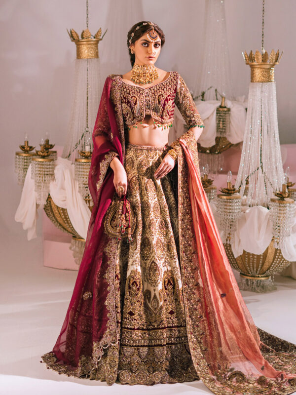 Ivory Maroon Zardozi Velvet Appliqué Lehenga (3-Piece) - Image 1