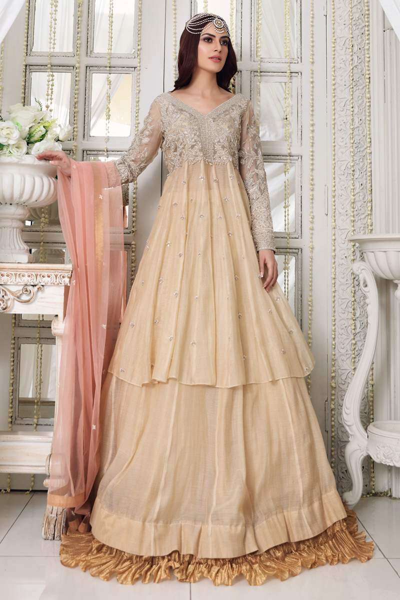 Pakistani Ivory & Peach Zari Net A-Line Lehenga (3-Piece) - Image 1