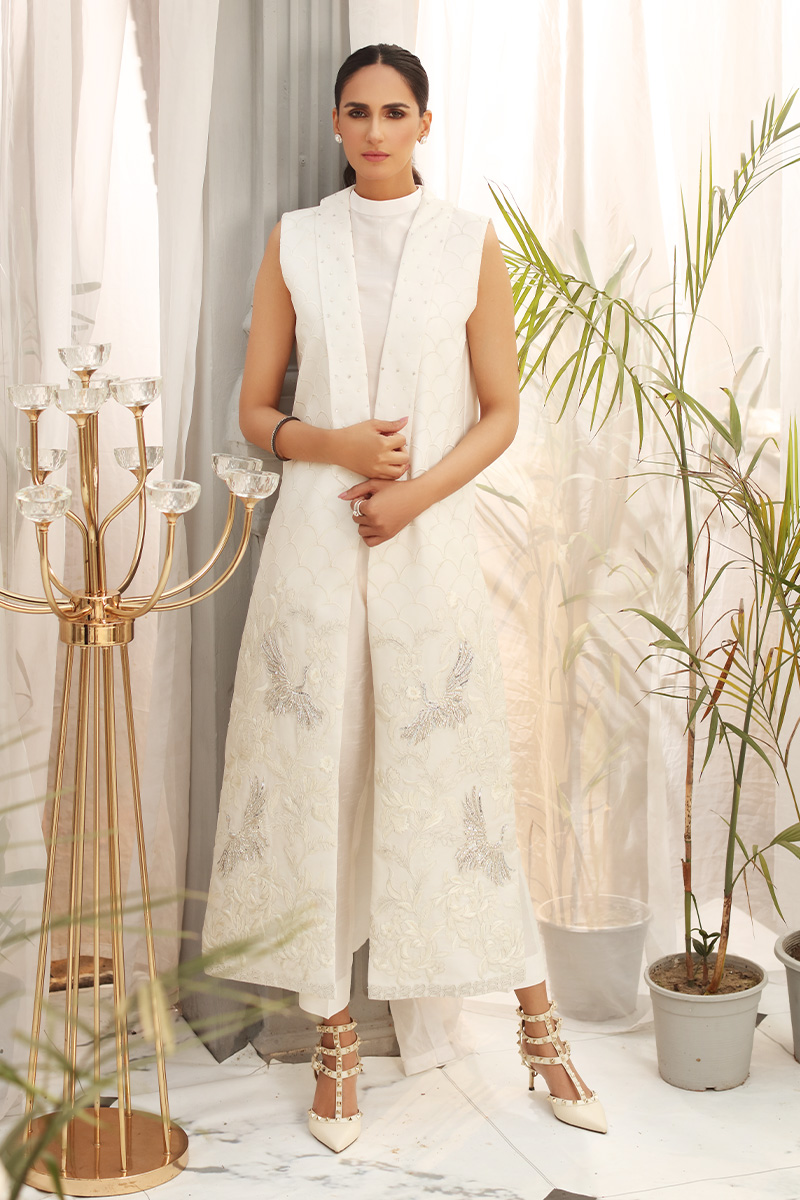 Pakistani Off-White Hand-Embellished Organza Jacket (3-Piece) - Image 1