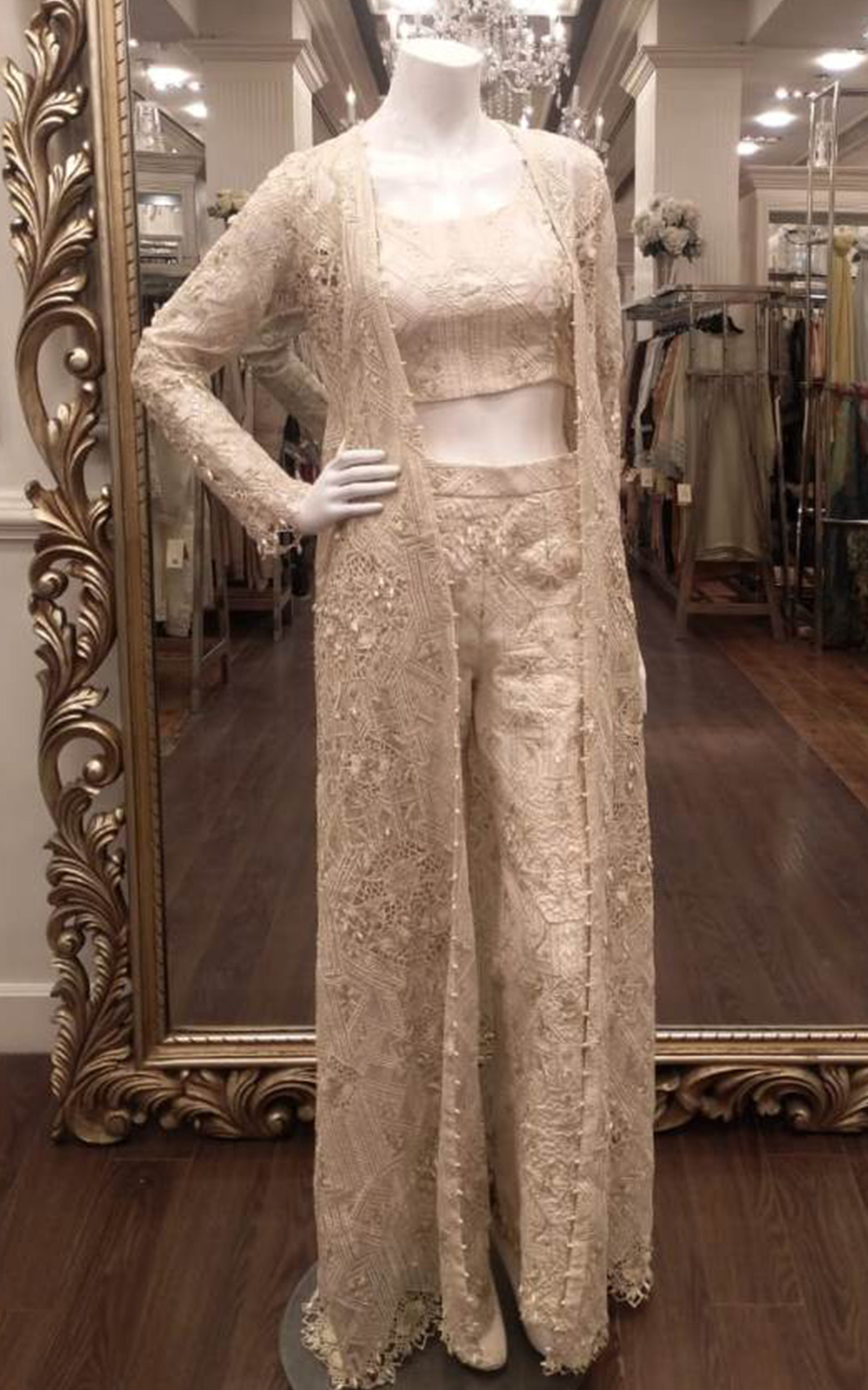 Ivory Embroidered Organza Long Jacket Set (3-Piece) - Image 1