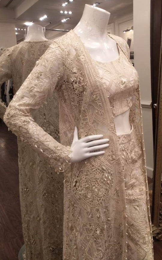Ivory Embroidered Organza Long Jacket Set (3-Piece) - Image 3