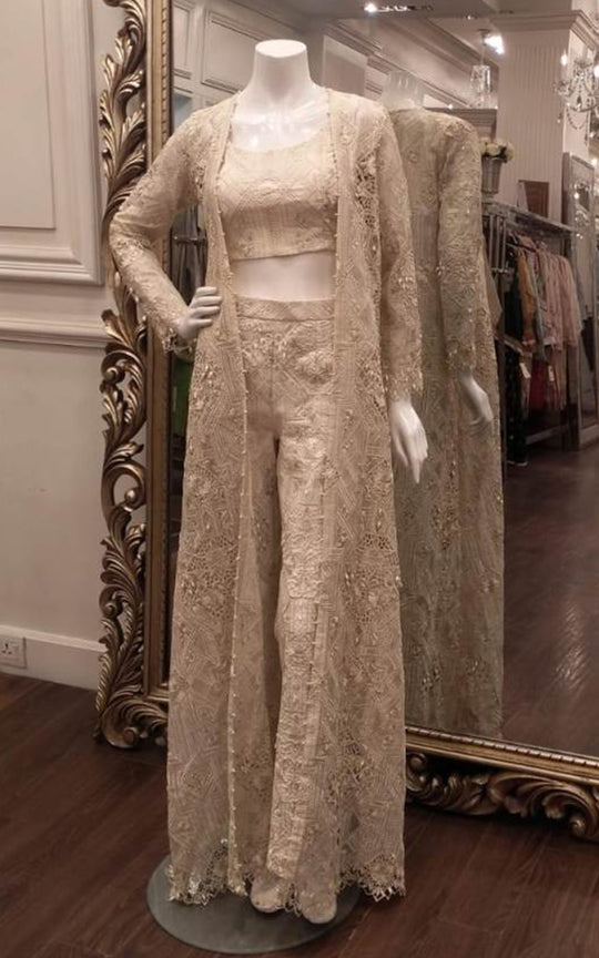 Ivory Embroidered Organza Long Jacket Set (3-Piece) - Image 4