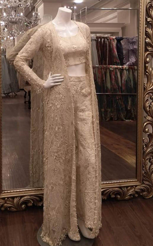 Ivory Embroidered Organza Long Jacket Set (3-Piece) - Image 5