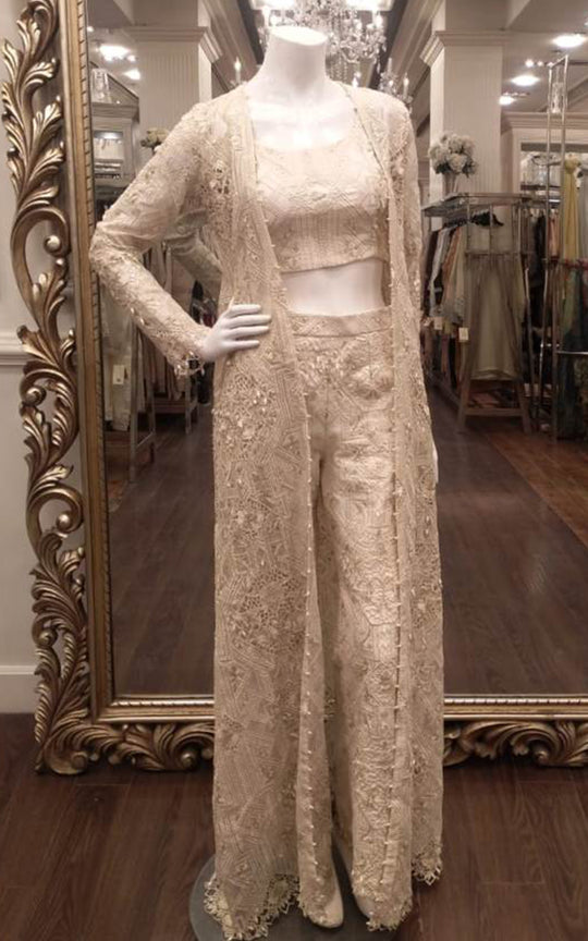 Ivory Embroidered Organza Long Jacket Set (3-Piece) - Image 6