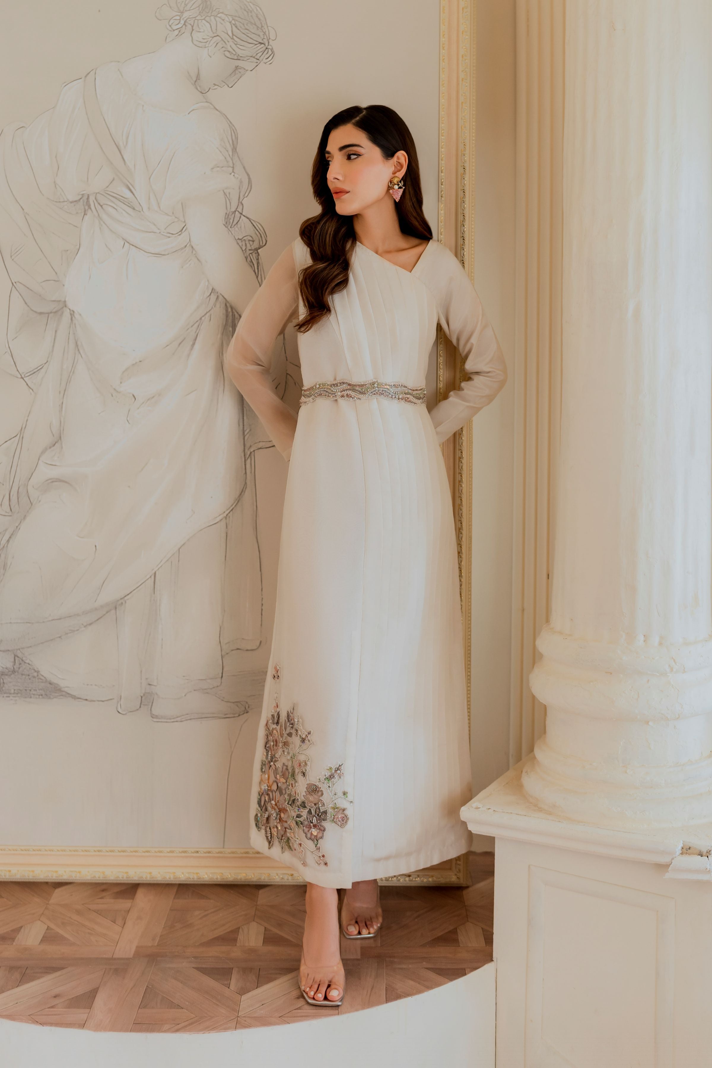 Pakistani Off-White Beaded Pleated Organza Maxi Dress (2-Piece) - Image 1