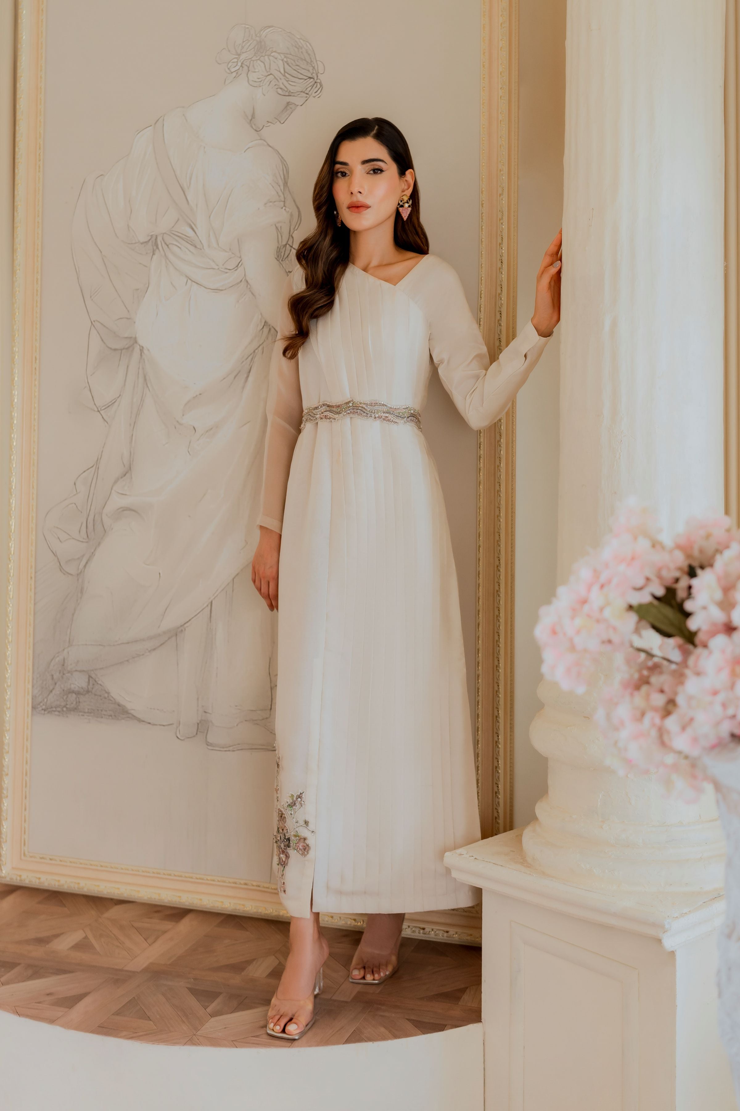 Pakistani Off-White Beaded Pleated Organza Maxi Dress (2-Piece) - Image 2