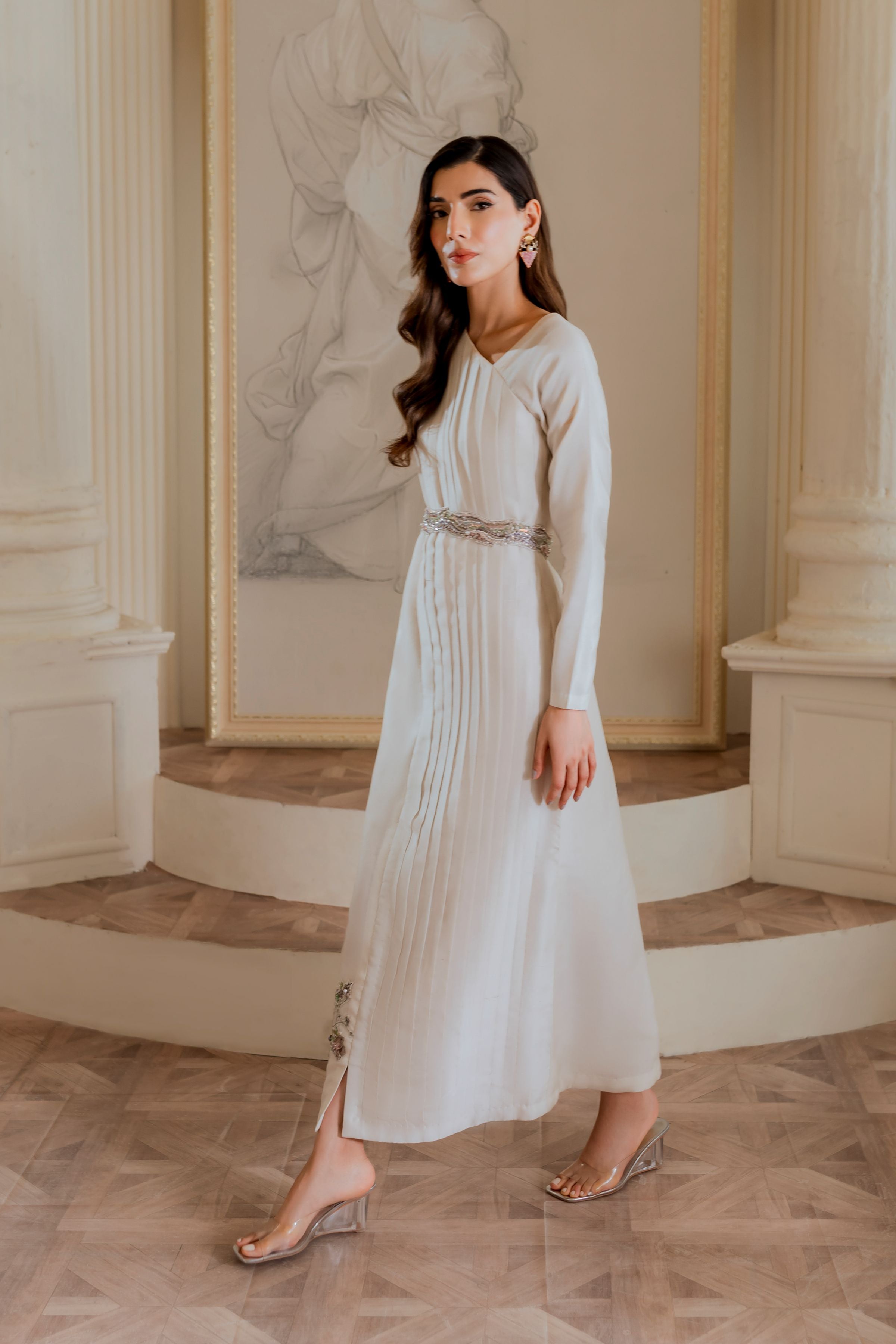 Pakistani Off-White Beaded Pleated Organza Maxi Dress (2-Piece) - Image 3