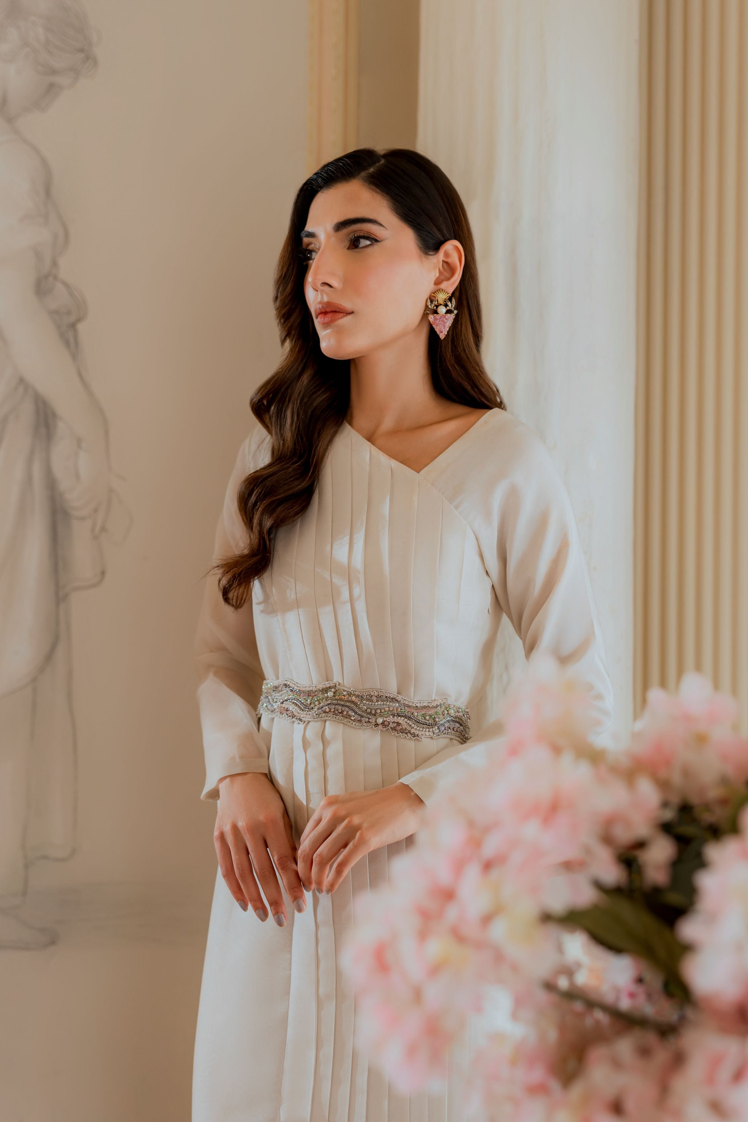 Pakistani Off-White Beaded Pleated Organza Maxi Dress (2-Piece) - Image 4