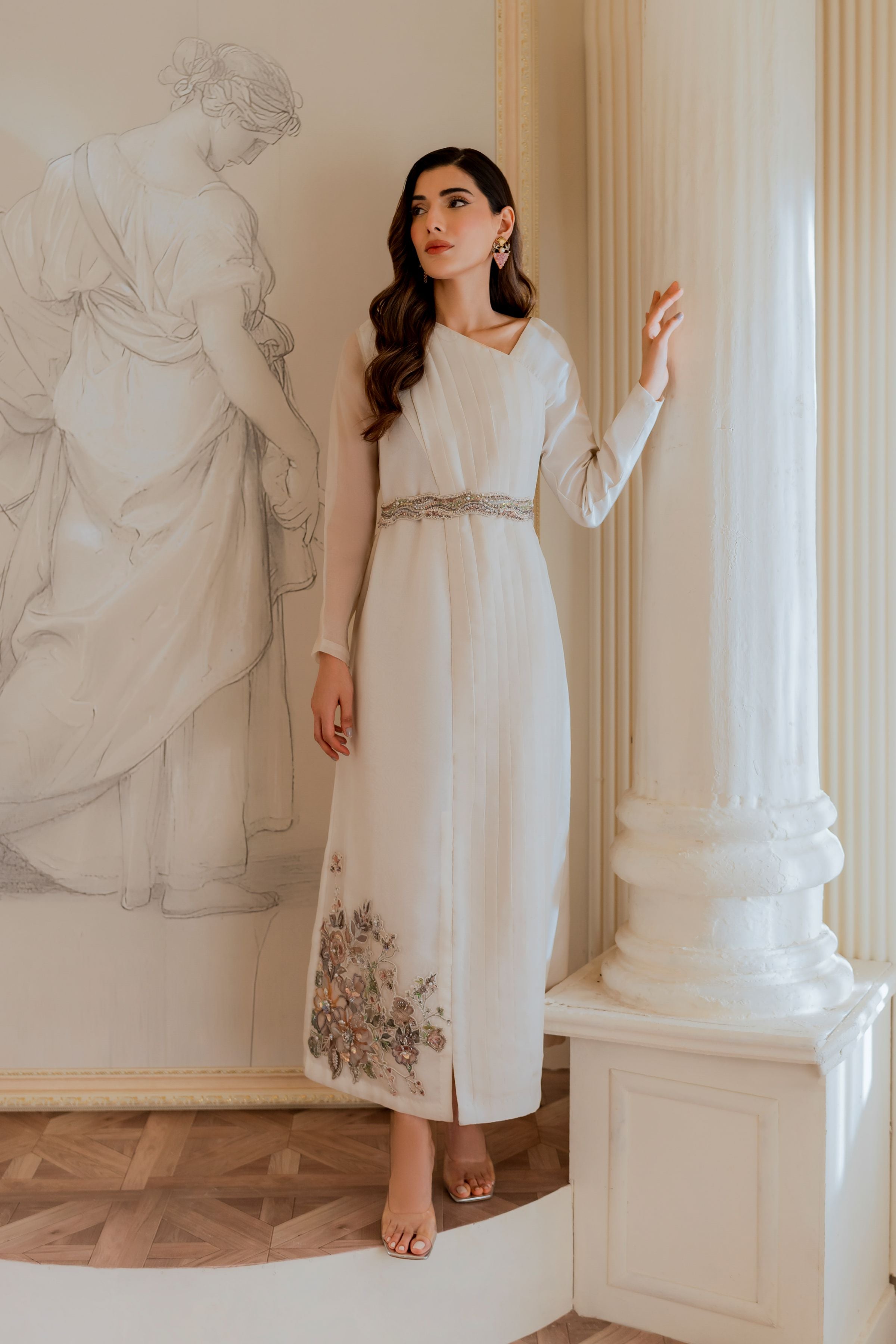 Pakistani Off-White Beaded Pleated Organza Maxi Dress (2-Piece) - Image 5