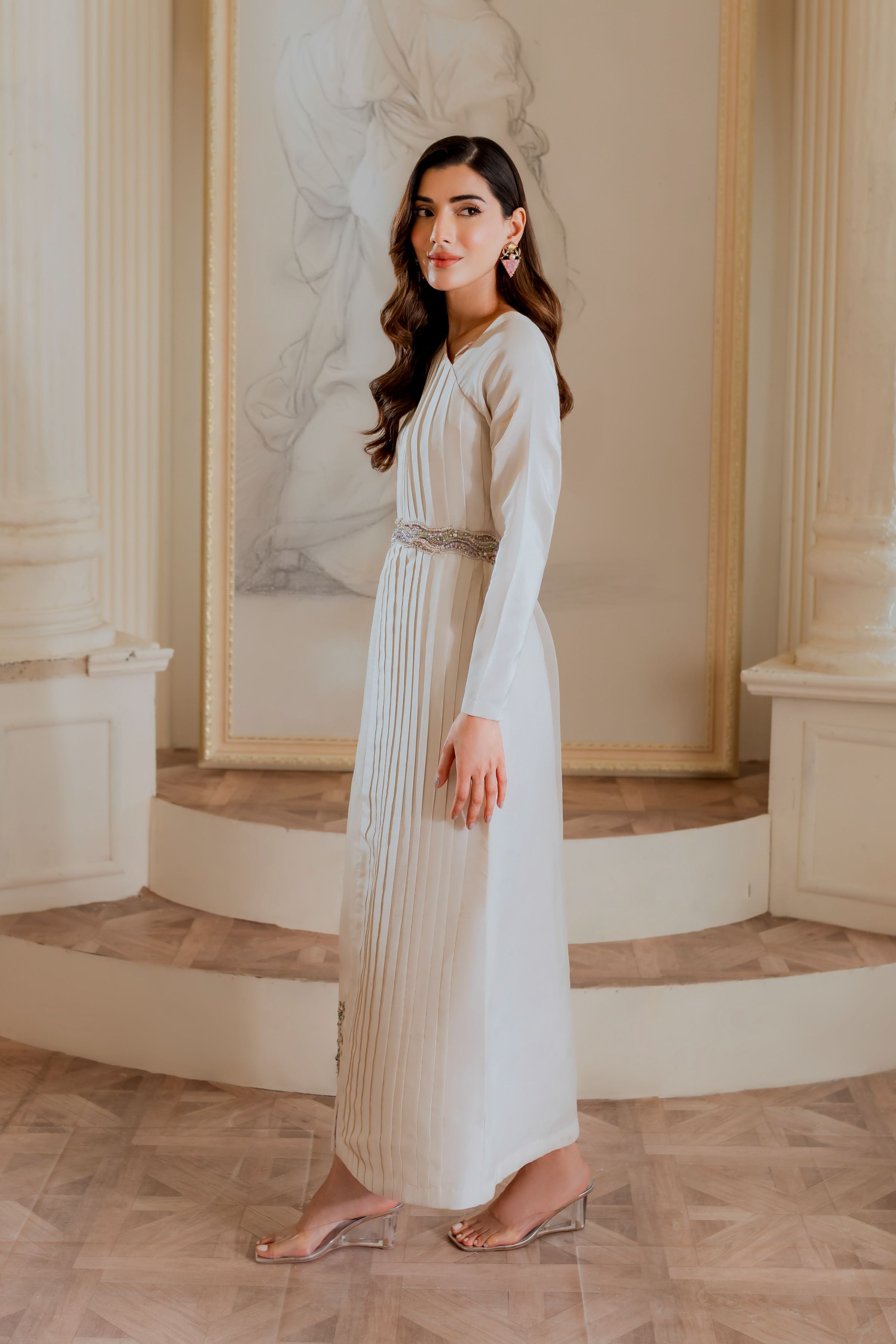 Pakistani Off-White Beaded Pleated Organza Maxi Dress (2-Piece) - Image 7