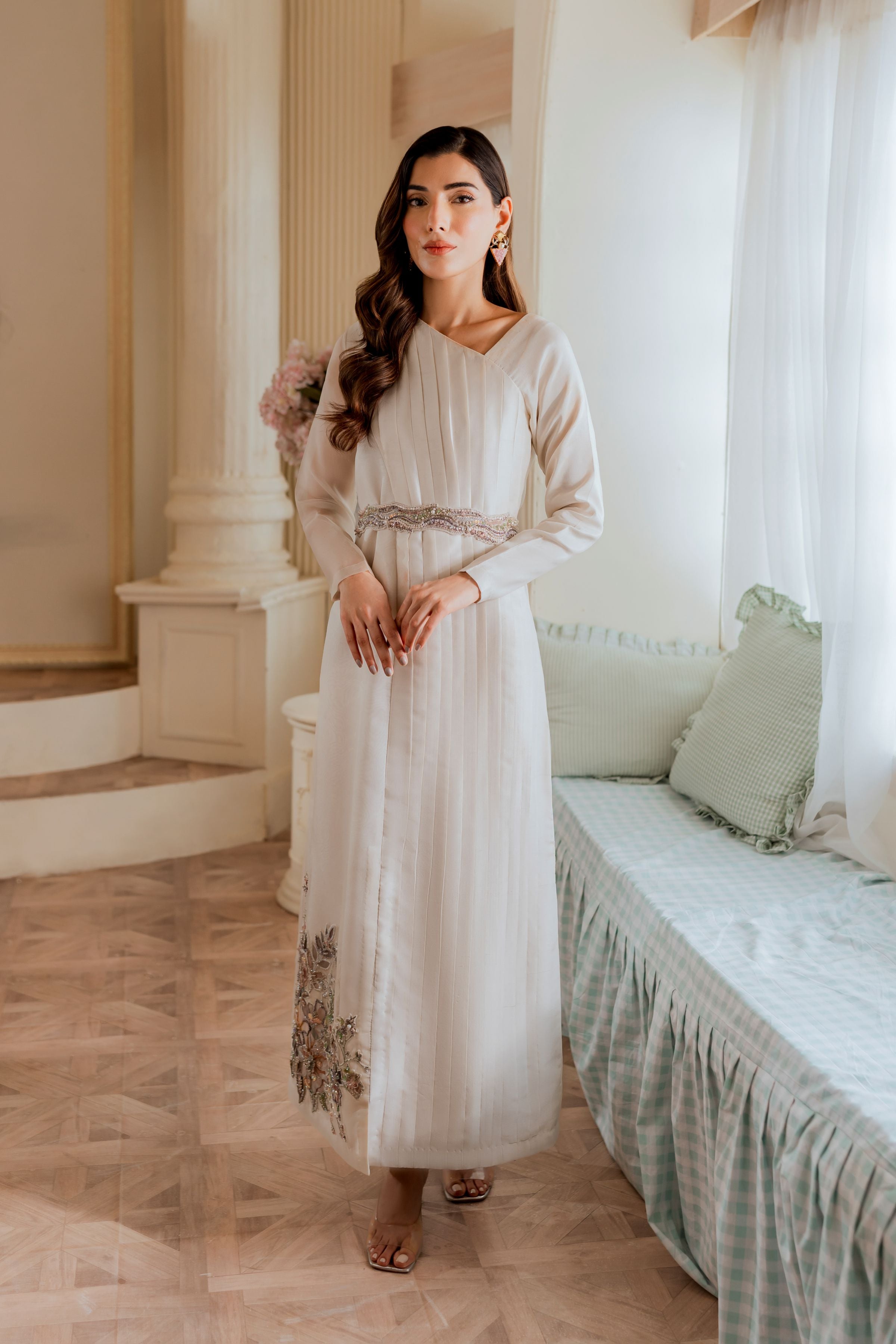 Pakistani Off-White Beaded Pleated Organza Maxi Dress (2-Piece) - Image 8