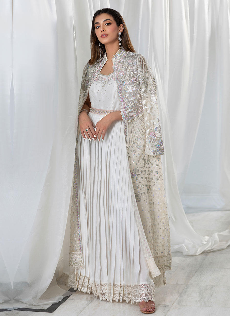 Pakistani Ivory Embellished Organza Jacket Maxi Dress (2-Piece) - Image 1