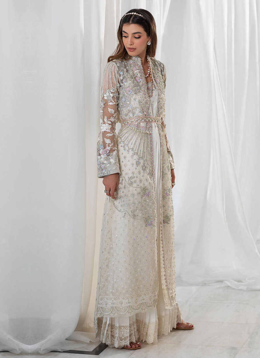 Pakistani Ivory Embellished Organza Jacket Maxi Dress (2-Piece) - Image 6
