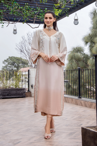 Pakistani Ivory-Blush Floral Embroidered Pure Silk Maxi (1-Pc) - Image 2