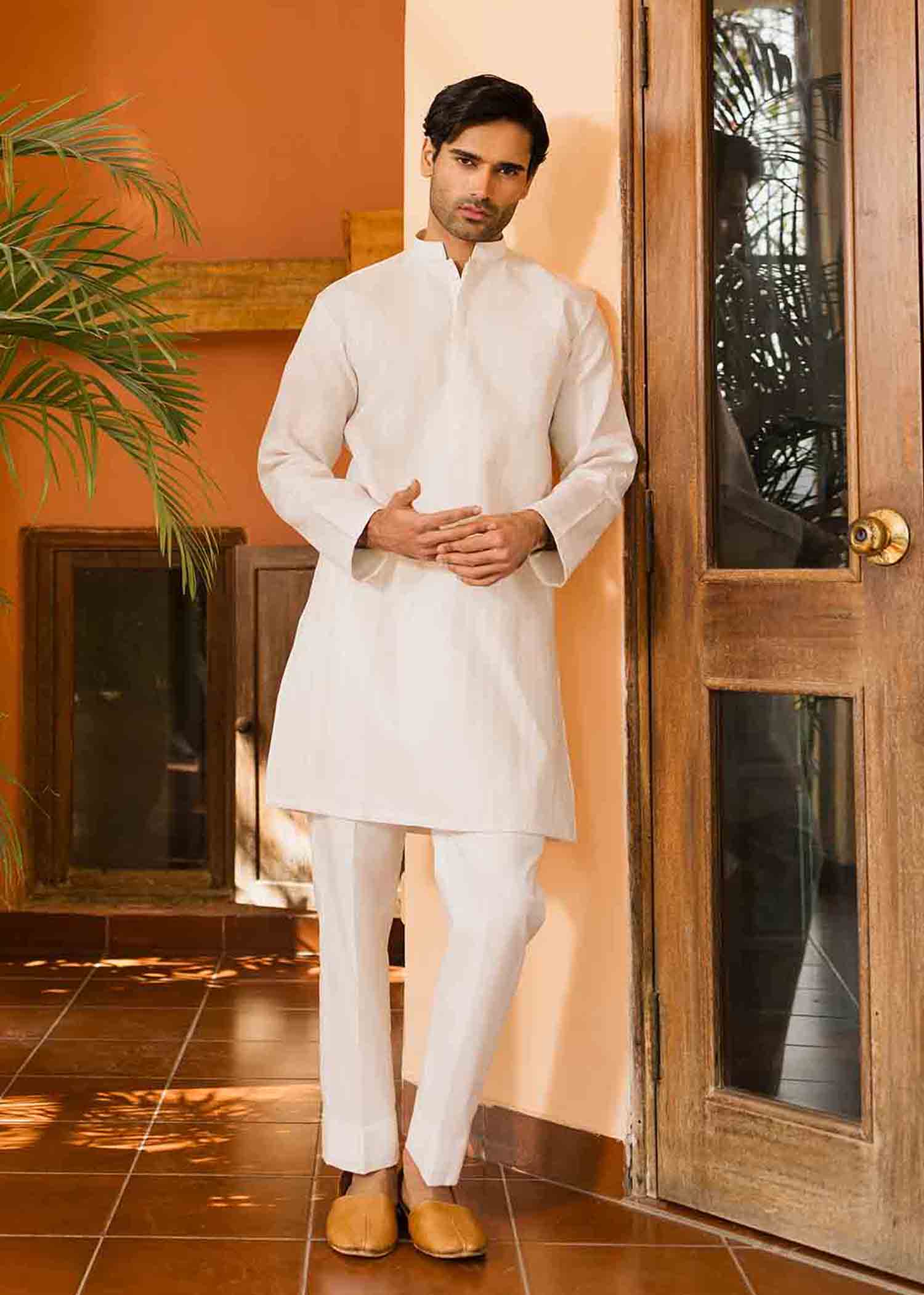 Eggshell Geometric Embroidered Cambric Cotton Kurta (2-Piece) - Image 1
