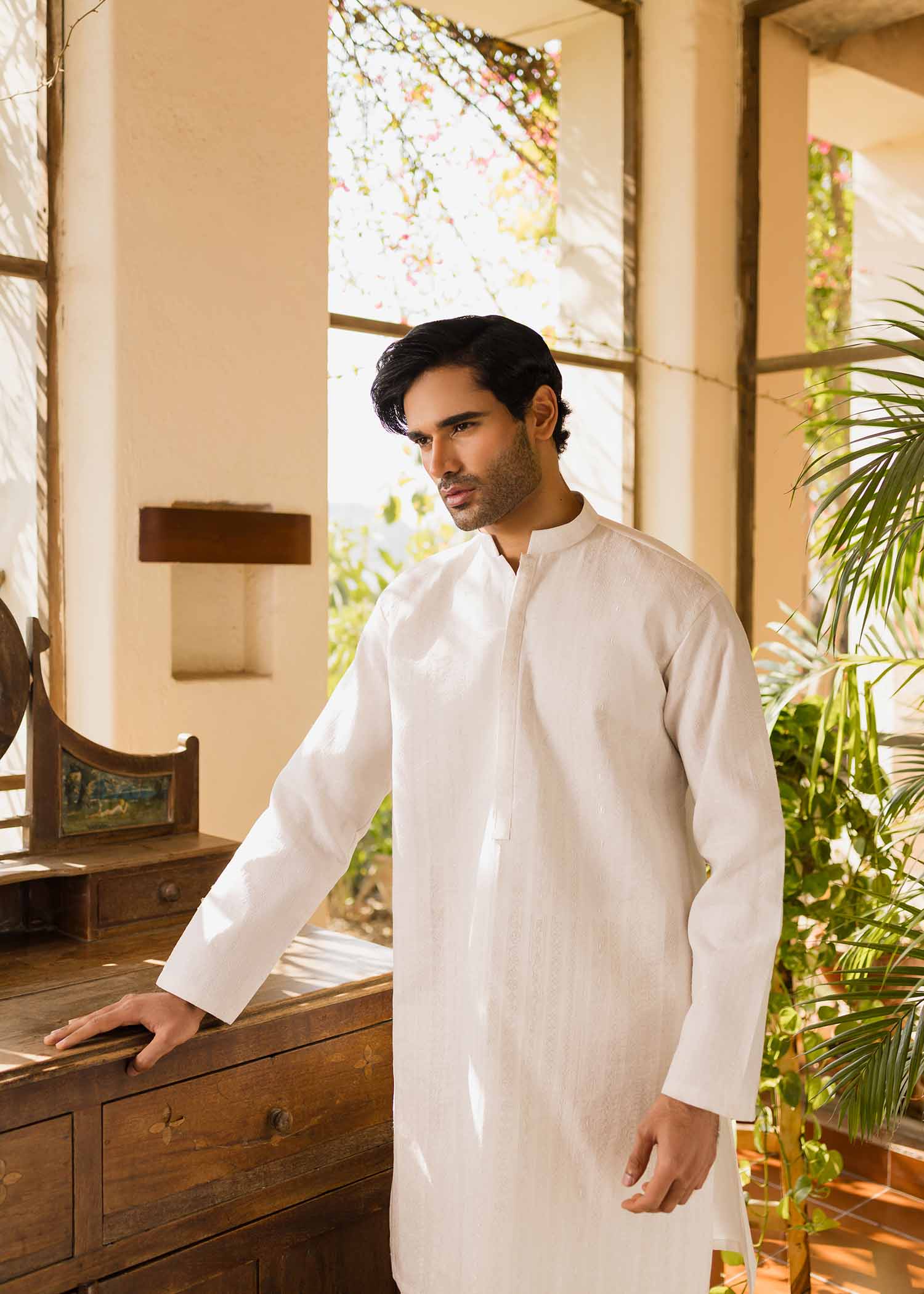 Eggshell Geometric Embroidered Cambric Cotton Kurta (2-Piece) - Image 2