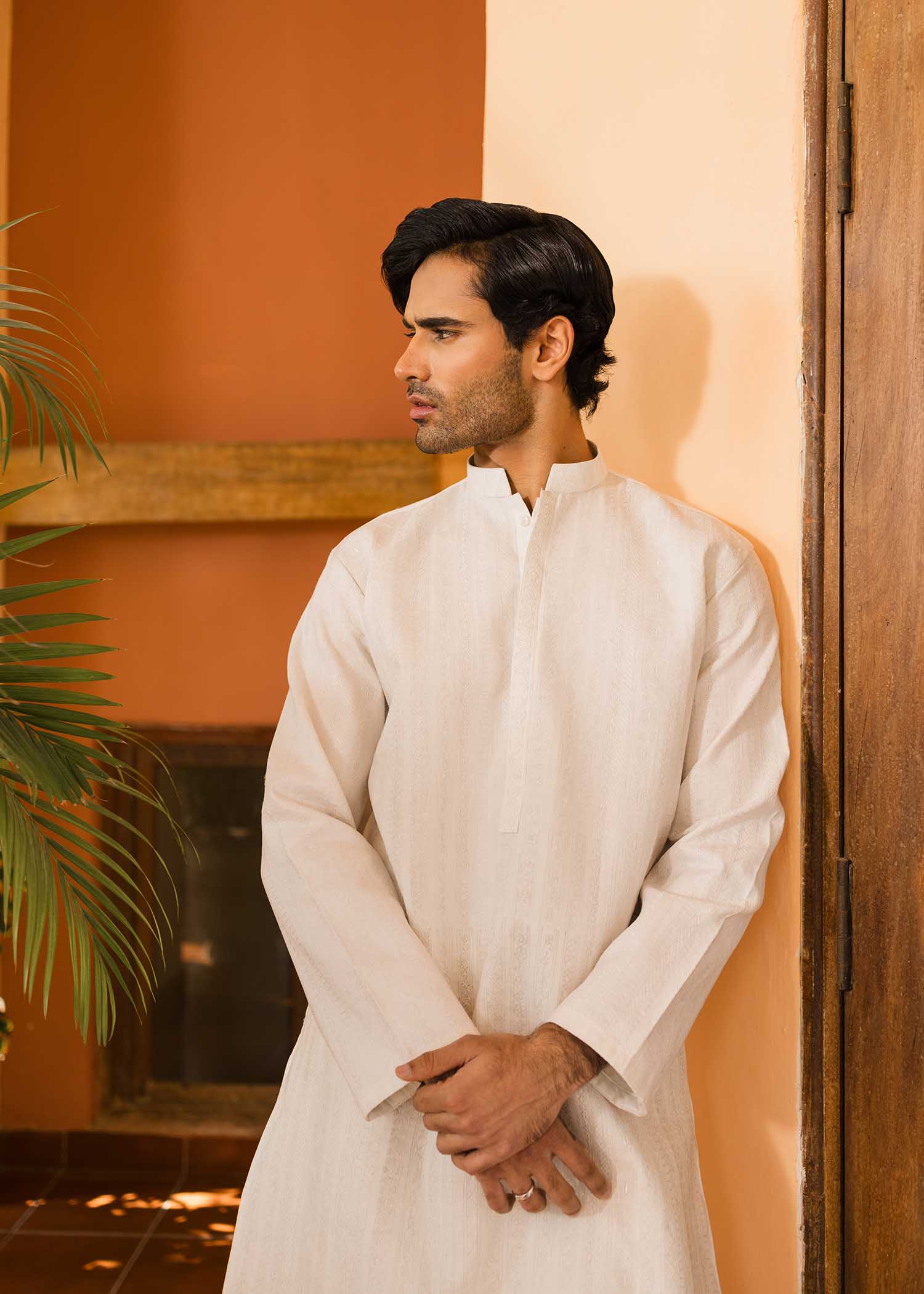 Eggshell Geometric Embroidered Cambric Cotton Kurta (2-Piece) - Image 3