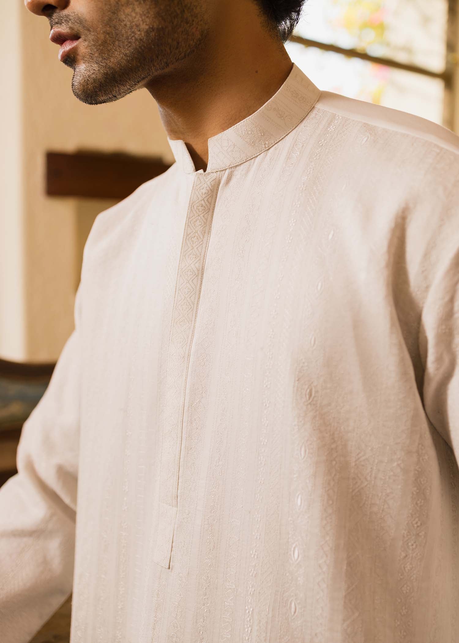 Eggshell Geometric Embroidered Cambric Cotton Kurta (2-Piece) - Image 4