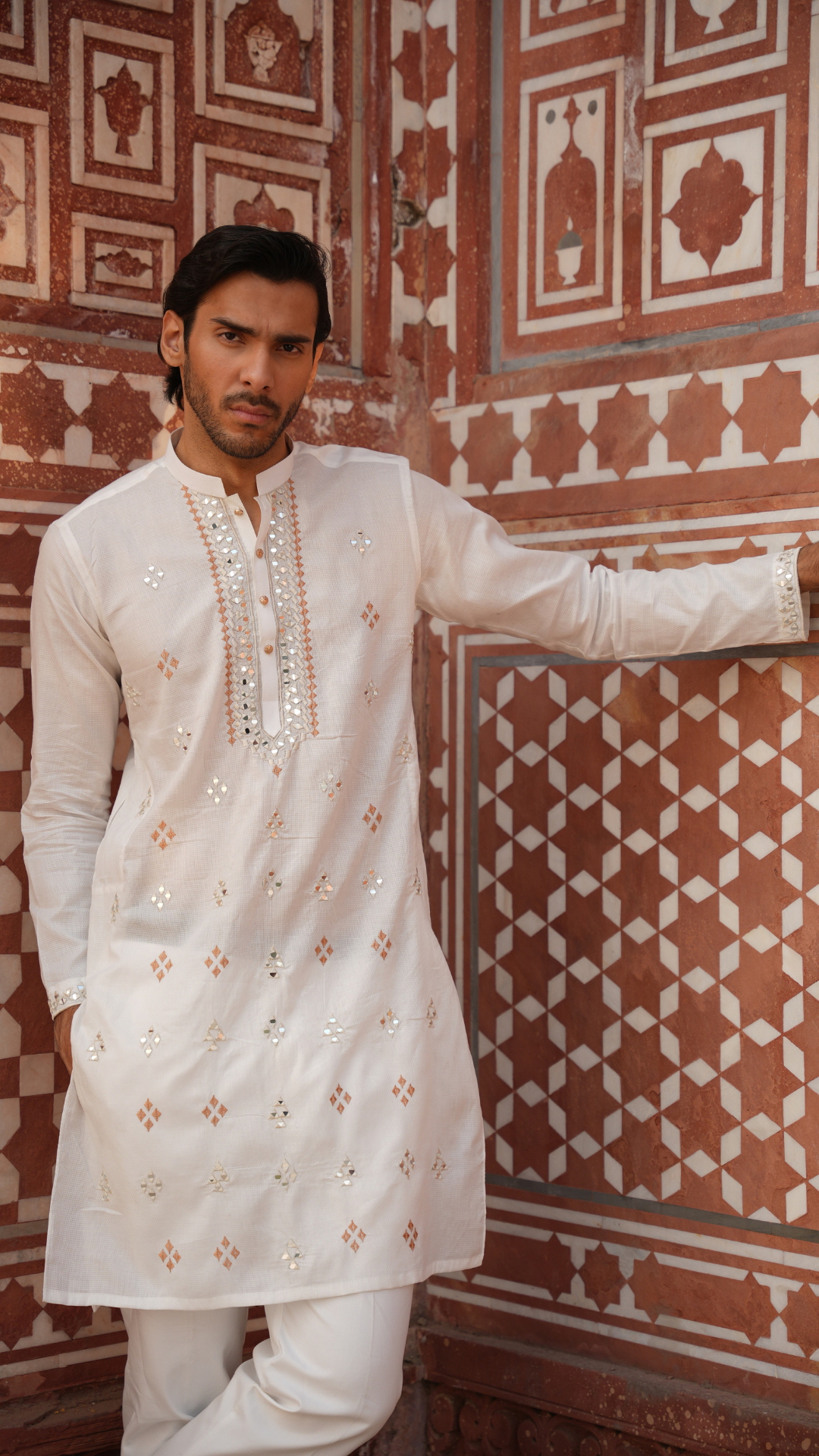 White Mirror Work Cotton Blend Kurta Pajama (2-Piece) - Image 1