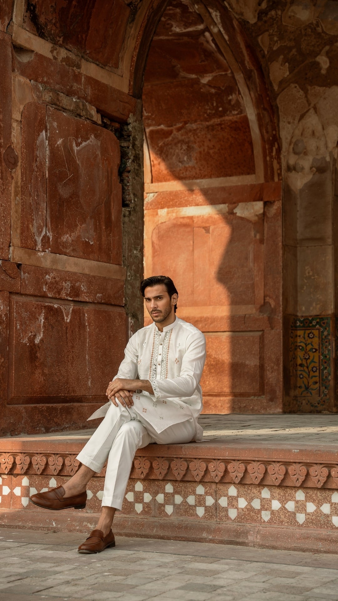 White Mirror Work Cotton Blend Kurta Pajama (2-Piece) - Image 6