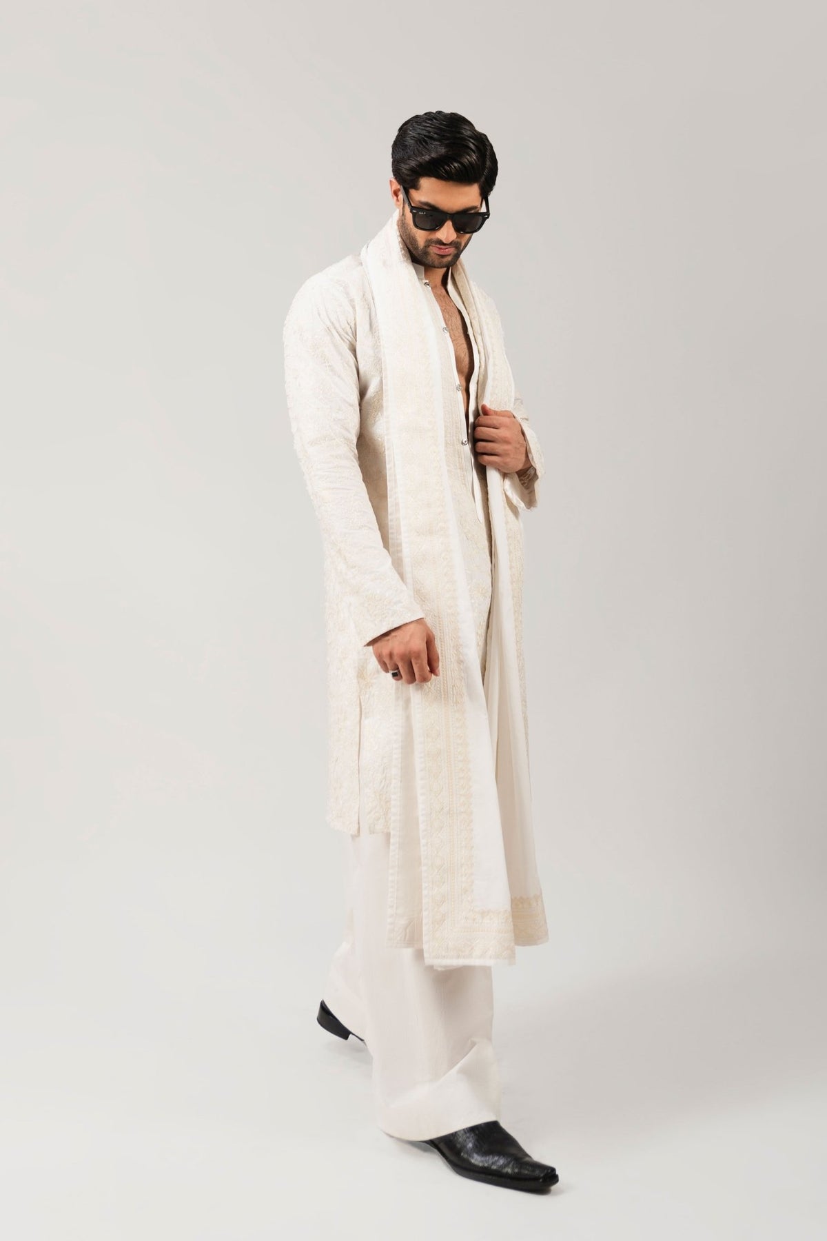 Cream Embroidered Cotton Kurta Set (3-Piece) - Image 1