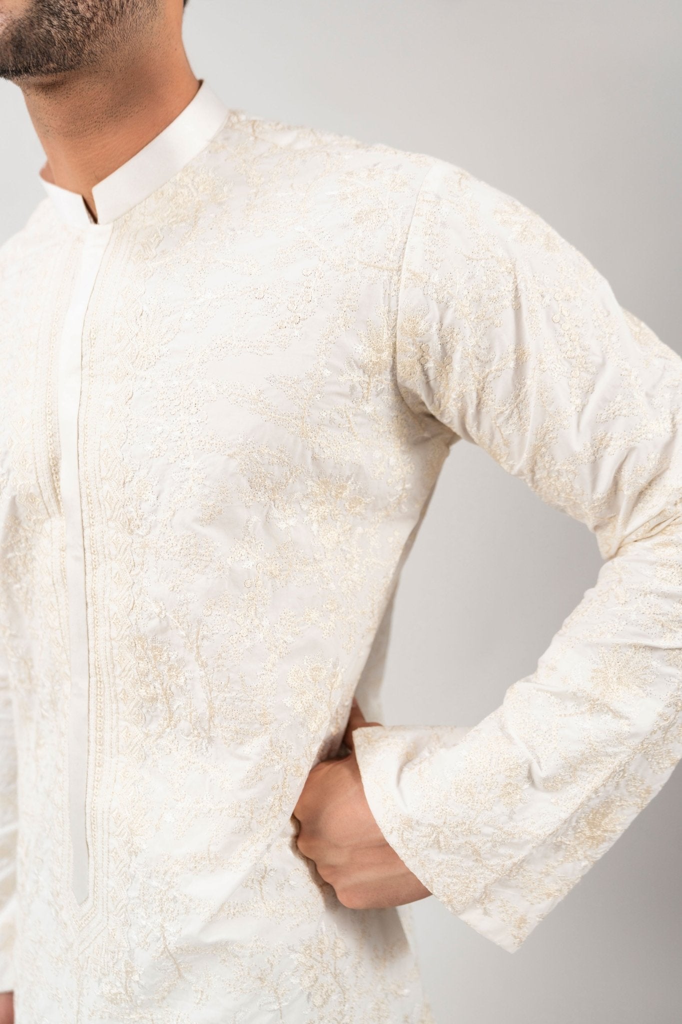 Cream Embroidered Cotton Kurta Set (3-Piece) - Image 3