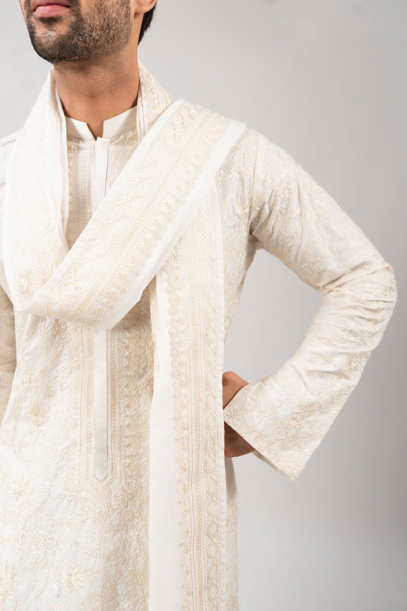 Cream Embroidered Cotton Kurta Set (3-Piece) - Image 4