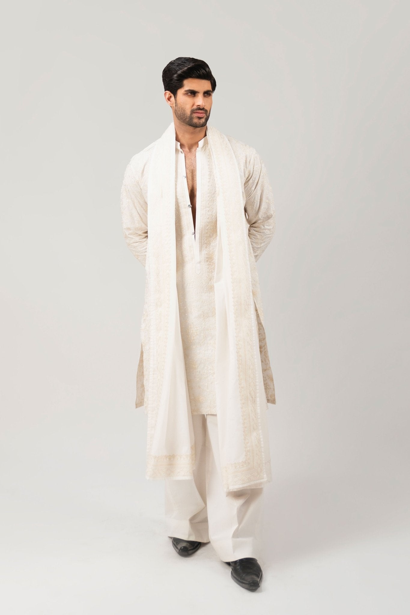 Cream Embroidered Cotton Kurta Set (3-Piece) - Image 5