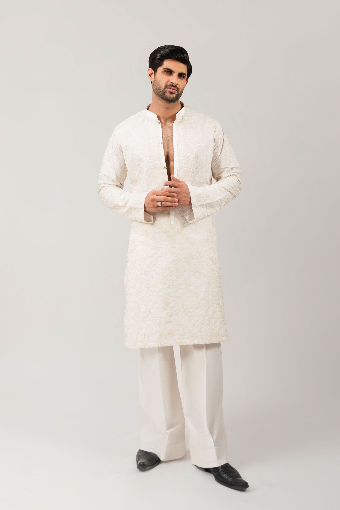 Cream Embroidered Cotton Kurta Set (3-Piece) - Image 6